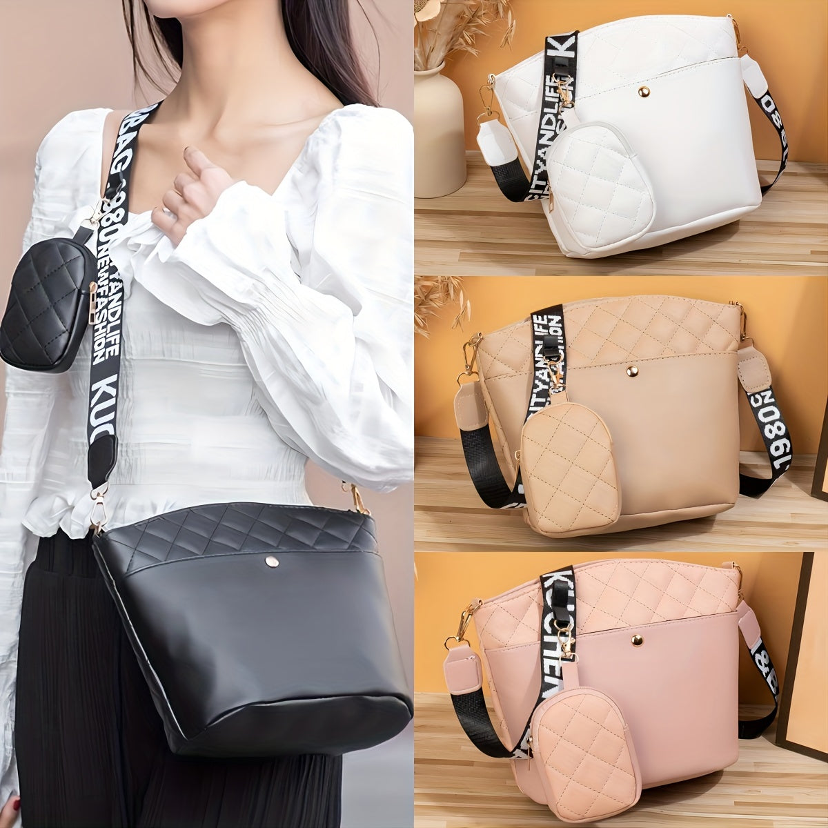 Large Capacity Bucket Bag, Fashion Casual PU Leather Crossbody Bag With Small Purse, Women's Trendy Versatile Shoulder Bag For Travel & Going Out