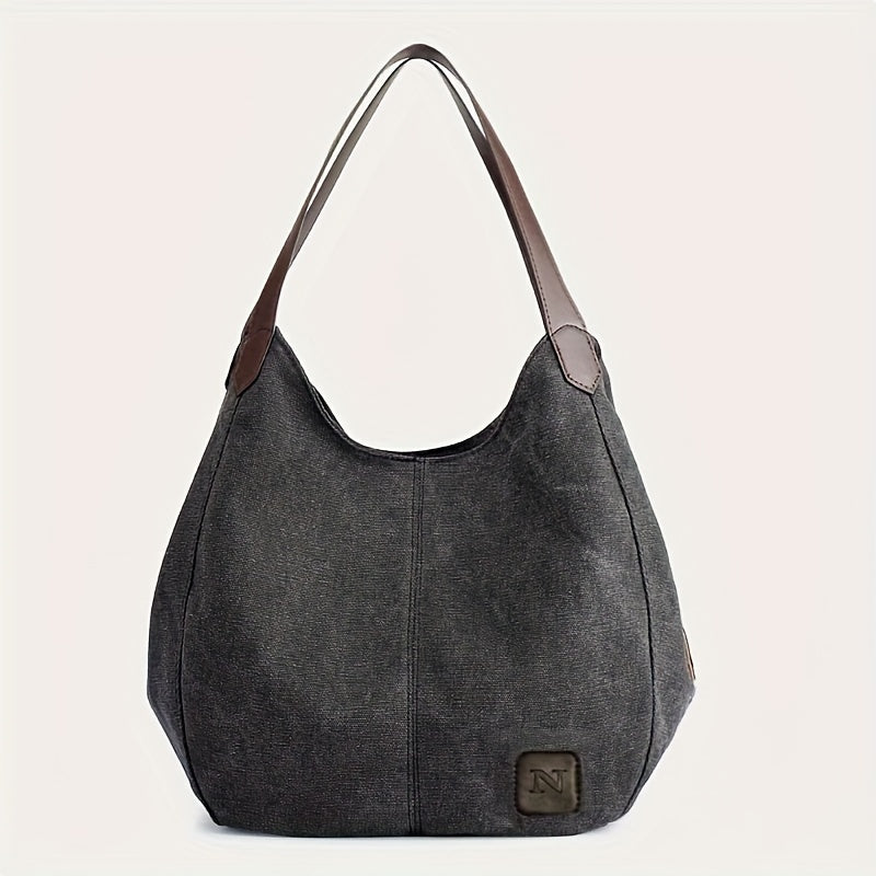 realaiot  Simple Canvas Shoulder Bag, Minimalist Colorblock Hobo Handbag, All-Match Bag For Women