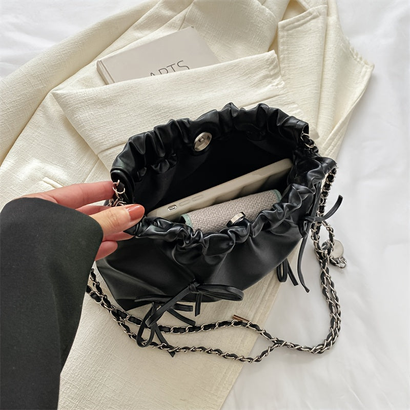 realaiot  Cloud Ruched Bucket Bag For Women, Trendy Drawstring Crossbody Bag, Sweet Bowknot Decor Mini Handbag