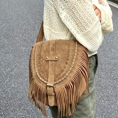 realaiot  Imitation Suede Fringe Hobo Bag, Vintage Tassel Crossbody Bag, Trendy Western Style Flap Shoulder Bag