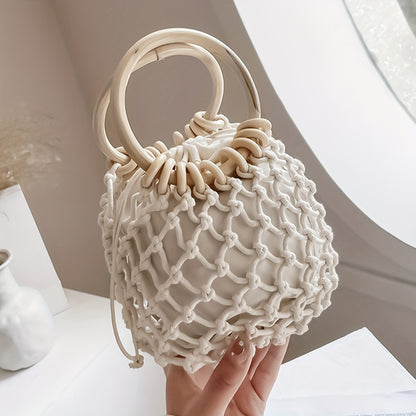 realaiotHollow Out Woven Handbag, Fashion Drawstring Bucket Bag, Women Round Handle Clutch Bag