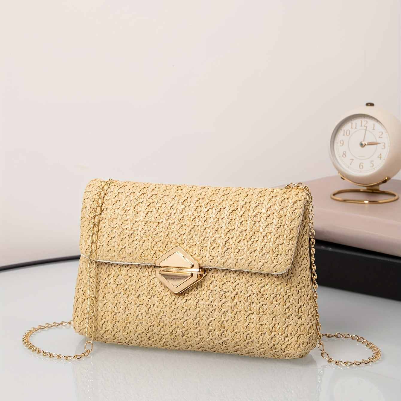 realaiot  Small Straw Square Bag, Trendy Summer Beach Flap Purse, Women's Chain Crossbody Bag,