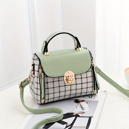 realaiot  Plaid Pattern Portable Handbag, Faux Leather Flap Shoulder Bag, Fashion Adjustable Strap Crossbody Bag