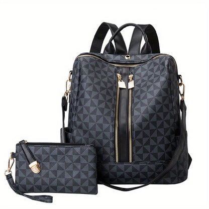 Geometric Pattern Backpack Purse, Fashion Two-way Shoulder Bag, Zipper Front Travel School Bag