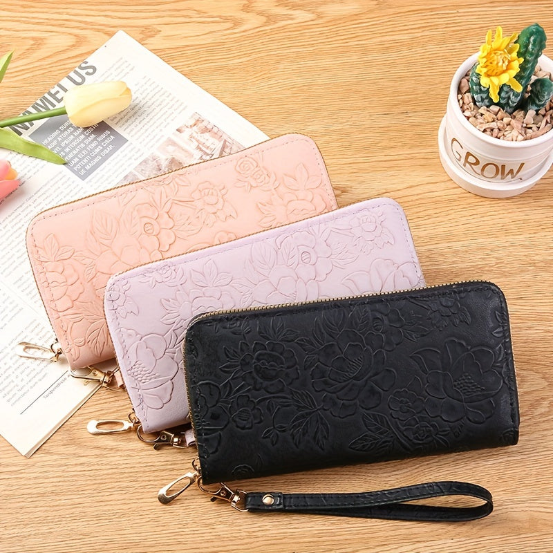 realaiot Women's Floral Embossed Long Wallet, Solid Color PU Leather Coin Purse, Trendy Zipper Card Holder Clutch Bag