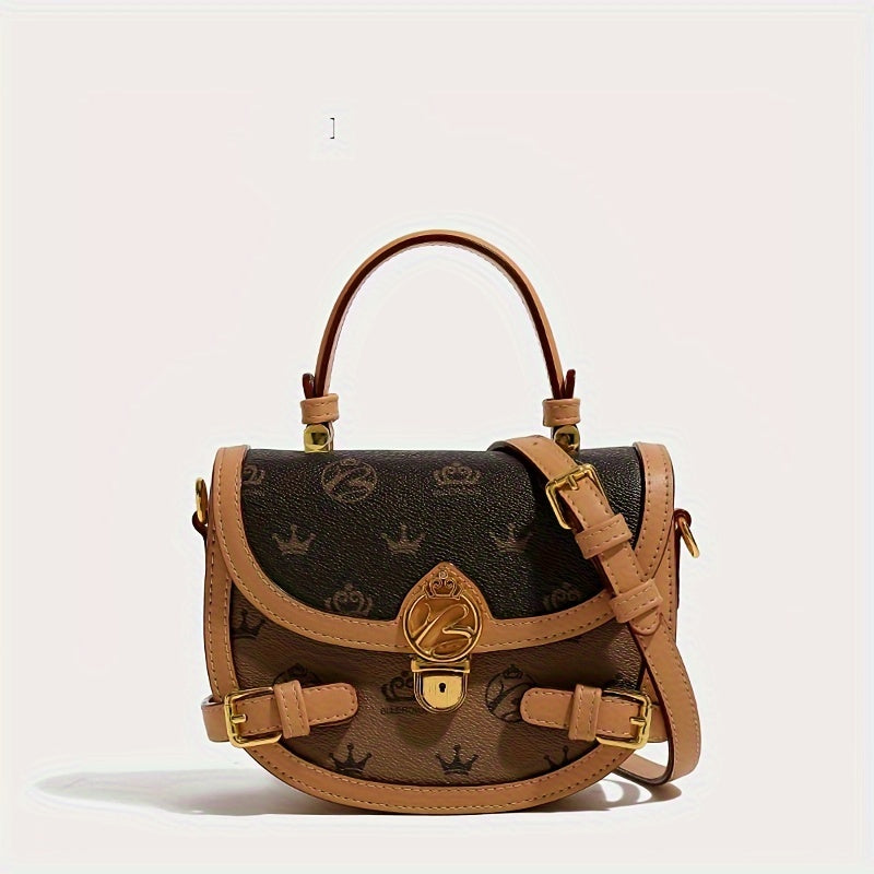 Ladies Classic Versatile Fashion Saddle Bag -  Daily Use Messenger Bag - Retro Crown Print Satchel Bag