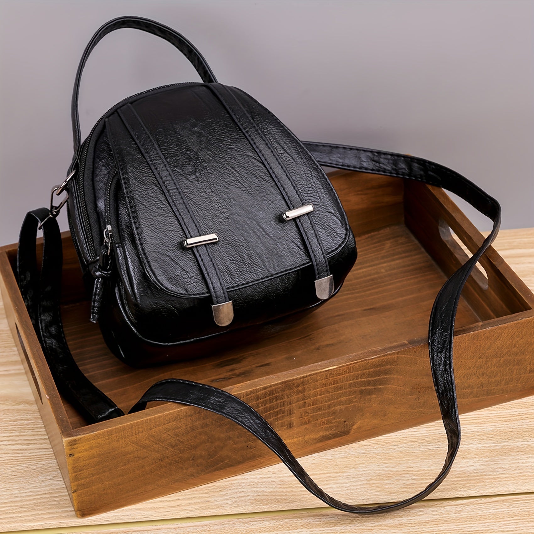 Retro Mini Crossbody Bag, Women's Multi Layer Handbag, Simple PU Leather Shoulder Purse
