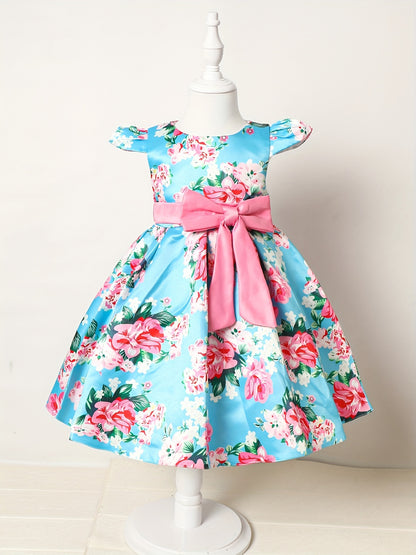 Elegant Floral Print Bowknot Princess Dress for Girls - Fit & Flare Midi with Lace-Up Detail