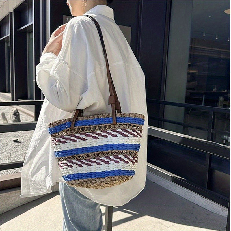 realaiot  Hollow Out Straw Summer Beach Bag, Boho Style Woven Handbags, Vintage Stripes Colorblock Shoulder Bag