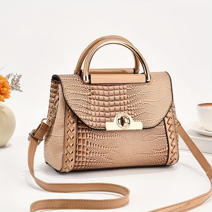 Classic Solid Color Mini Square Shoulder Bag, Crocodile Pattern Top Handle Bag For Women