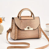 Classic Solid Color Mini Square Shoulder Bag, Crocodile Pattern Top Handle Bag For Women