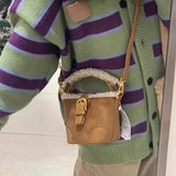 realaiotMini Teddy PU Leather Bucket Bag, Buckle Design Fashion Crossbody Bag, Vintage Style Shoulder Bag, Casual Tote Bag For Women