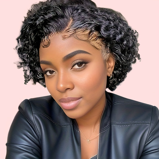 13x4 Pixie Cut Wigs Lace Frontal Human Hair Wigs For Women Deep Curly Short Pixie Cut Wigs For Women 180% Density Black Transparent Lace Wigs Pre Plucked Short Curly Wigs Human Hair