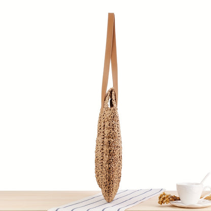 realaiot  Hollow-Out Straw Handbag, Fashion Woven Beach Bag, Round Large Capacity Shoulder Bag