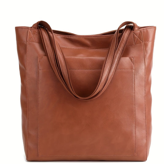 Vintage Large Capacity Tote Bag, Lightweight Faux Leather Bag For Shopping, Solid Color Bag