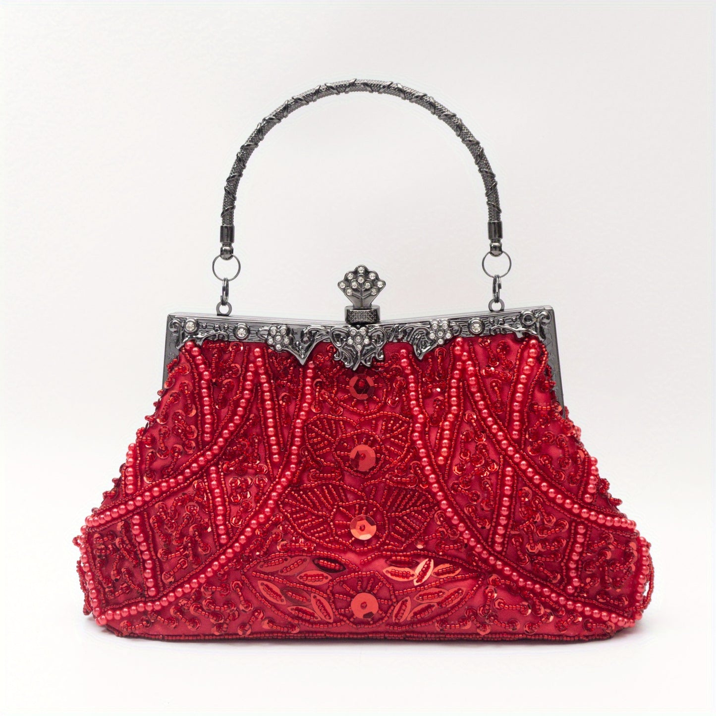 Vintage Beaded Sequin Evening Bag, Portable Handle Exquisite Clasp Clutch Handbag, Detachable Chain Strap Elegant Shoulder Bag