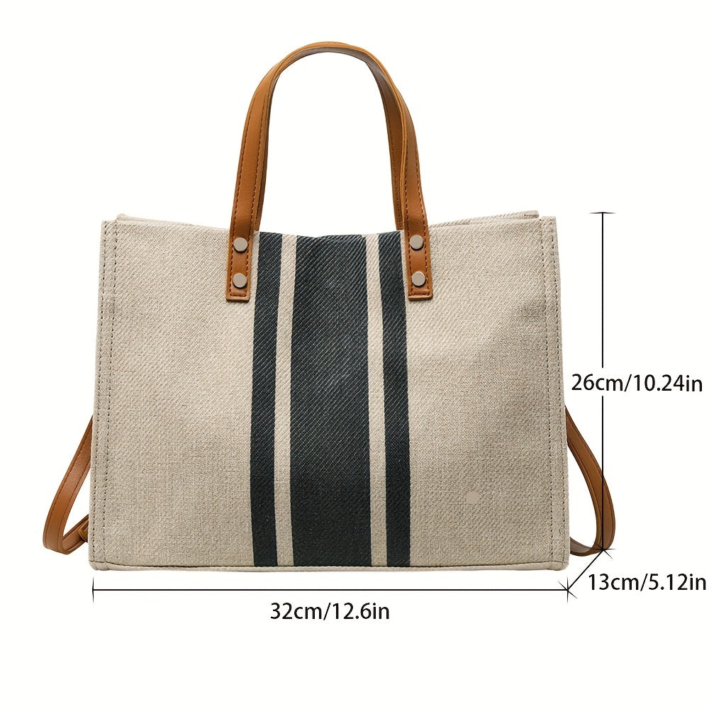 Striped Canvas Tote Bag, Large Capacity Shoulder Bag, Women's Commuter Handbags