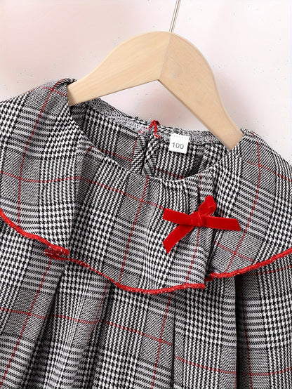 Stylish Plaid Bow Decor Long Sleeve Collar Dress for Girls - Elegant Trendy Design, Perfect for Spring and Fall Seasons, Party and Gift Occasions - Soft Fabric, Comfortable Fit, and Classic Style