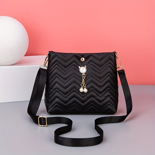 realaiot Wave Quilted Bucket Bag, Trendy Mini Crossbody Bag, Women's Shoulder Handbag & Purse