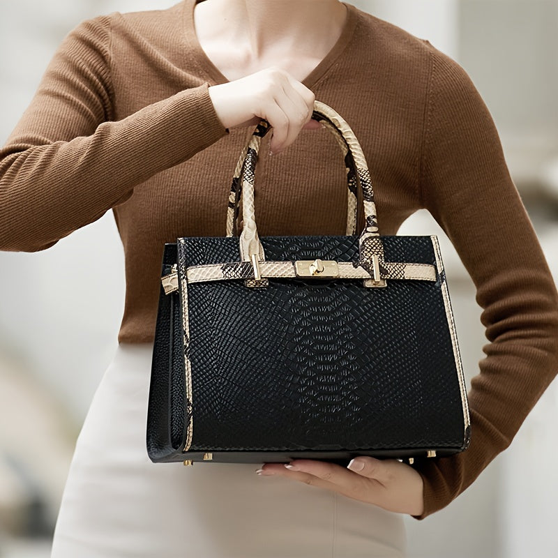 realaiot ZOOLER Snakeskin Pattern Tote Bag, Elegant Genuine Leather Handbag, Fashion Color Contrast Satchel Purse For Women