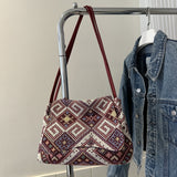 realaiot Ethnic Style Fabric Shoulder Bag, Vintage Geometric Graphic Purse, Women's Chain Crossbody Bag