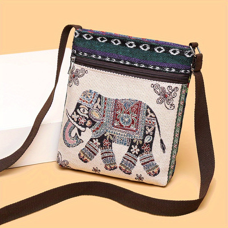 realaiot  Ethnic Style Canvas Crossbody Bag, Animal Embroidery Square Purse, Women's Phone Bag For Work & Travel