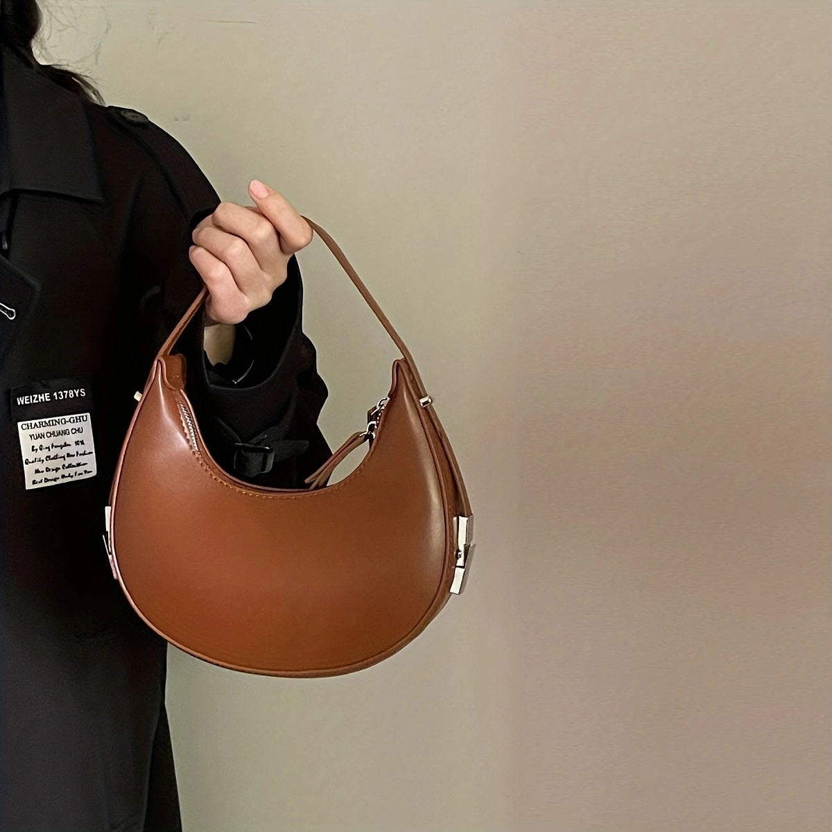 Trendy Stylish Simple Crescent Bag, Zipper Shoulder Bag, Faux Leather Solid Color Purse