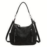realaiot Large Capacity Retro Style Shoulder Bag, Solid Color Handbag For Women, Trendy Zipper Commuter Bag