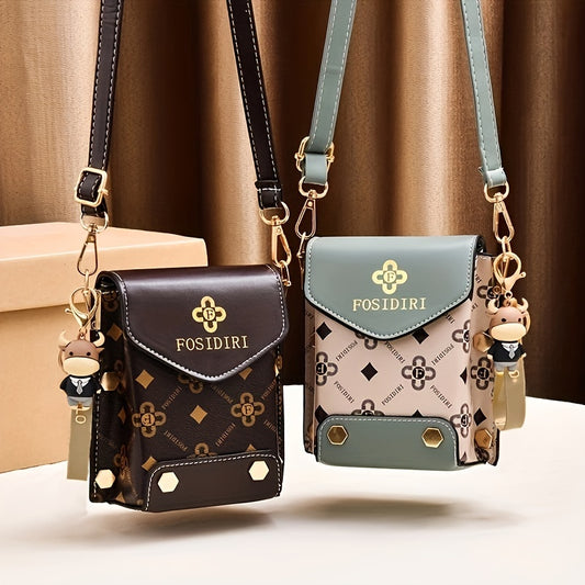 realaiot  Mini Flap Crossbody Phone Bag, Letter Print Shoulder Bag, Women's Studded Decor Square Purse (4.7*6.7*3.7) Inch