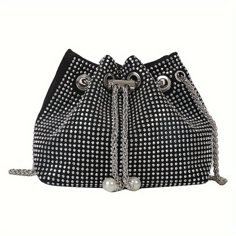 Rhinestone Decor Drawstring Bucket Bag, Glitter Mini Chain Bag, Women's Trendy Crossbody Bag