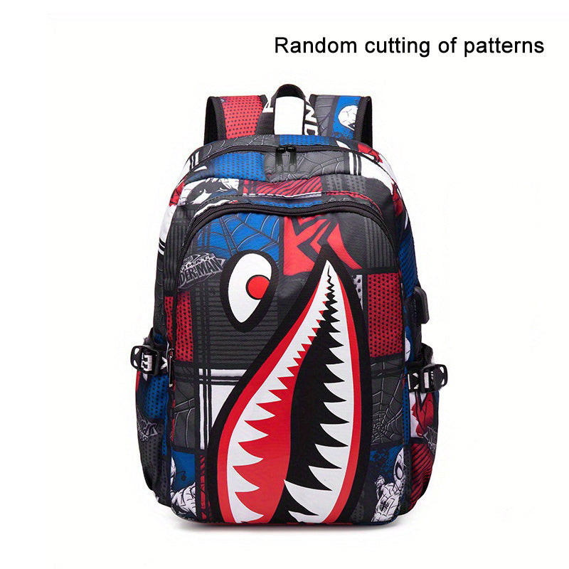 Shark Pattern Backpack, Trendy Nylon Student School Bag, Lightweight Travel Bookbag With USB Charging Port