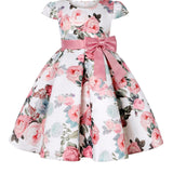 Elegant Floral Print Bowknot Princess Dress for Girls - Fit & Flare Midi with Lace-Up Detail