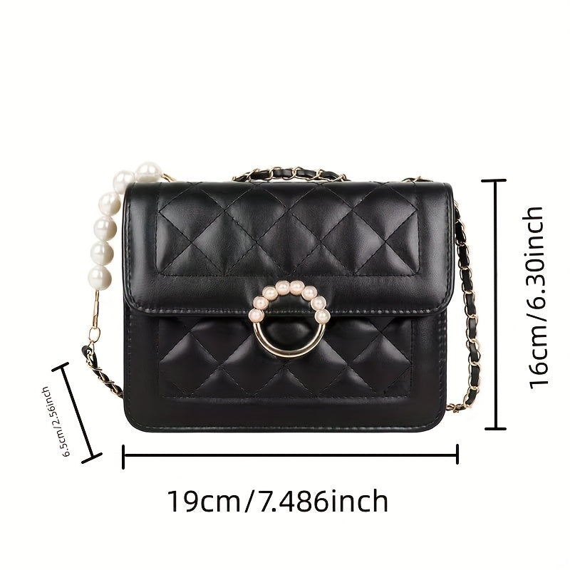 realaiot  Quilted Square Flap Crossbody Bag, Fashion Luxury PU Leather Purse With Pearl Chain, Women's Classic Versatile Handbag & Shoulder Bag