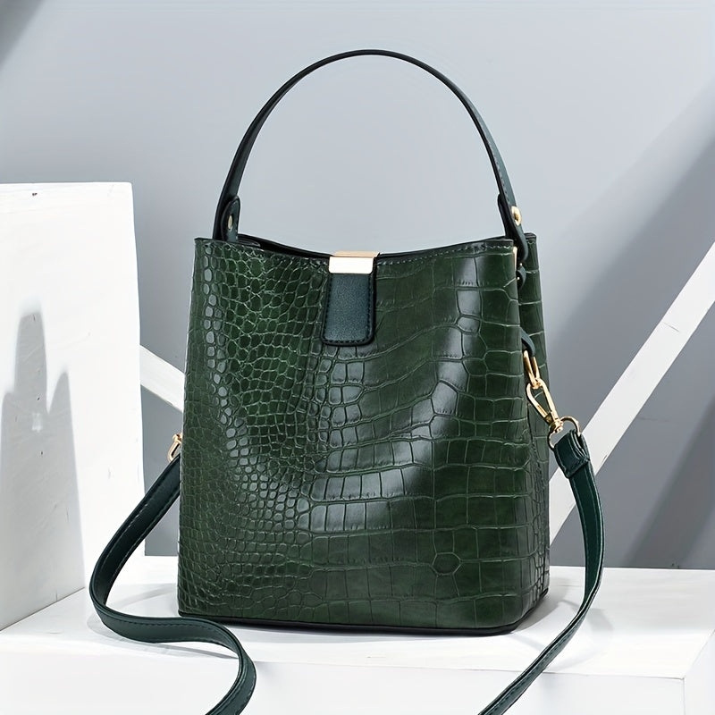 Croc Embossed Bucket Bag, Faux Leather Shoulder Bag Women's Trendy Crossbody Bag