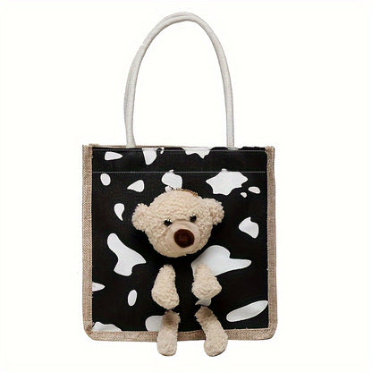 Kawaii Cow Print Tote Bag, Cute Bear Pendant Canvas Bag, Women's Casual Handbag & Shopping Bag