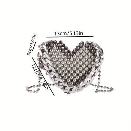 Mini Beads Woven Heart Shape Thick Metal Chain Crossbody Bag, Acrylic Textured Lipstick Purse, Classic Versatile Fashion Shoulder Bag