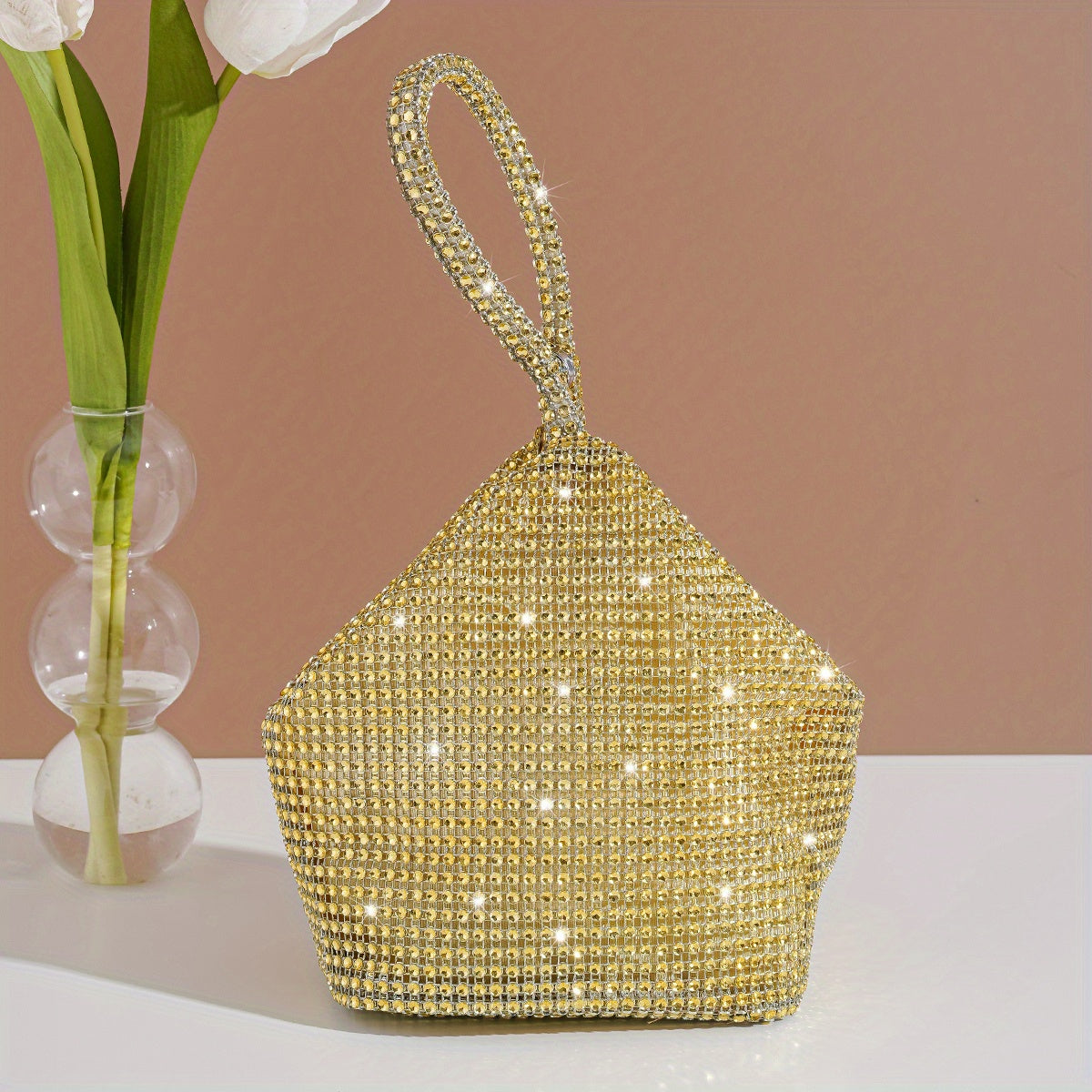 realaiot  Rhinestone Evening Bag, Glitter Prom Purse, Triangle Designer Clutch Bag For Party Wedding