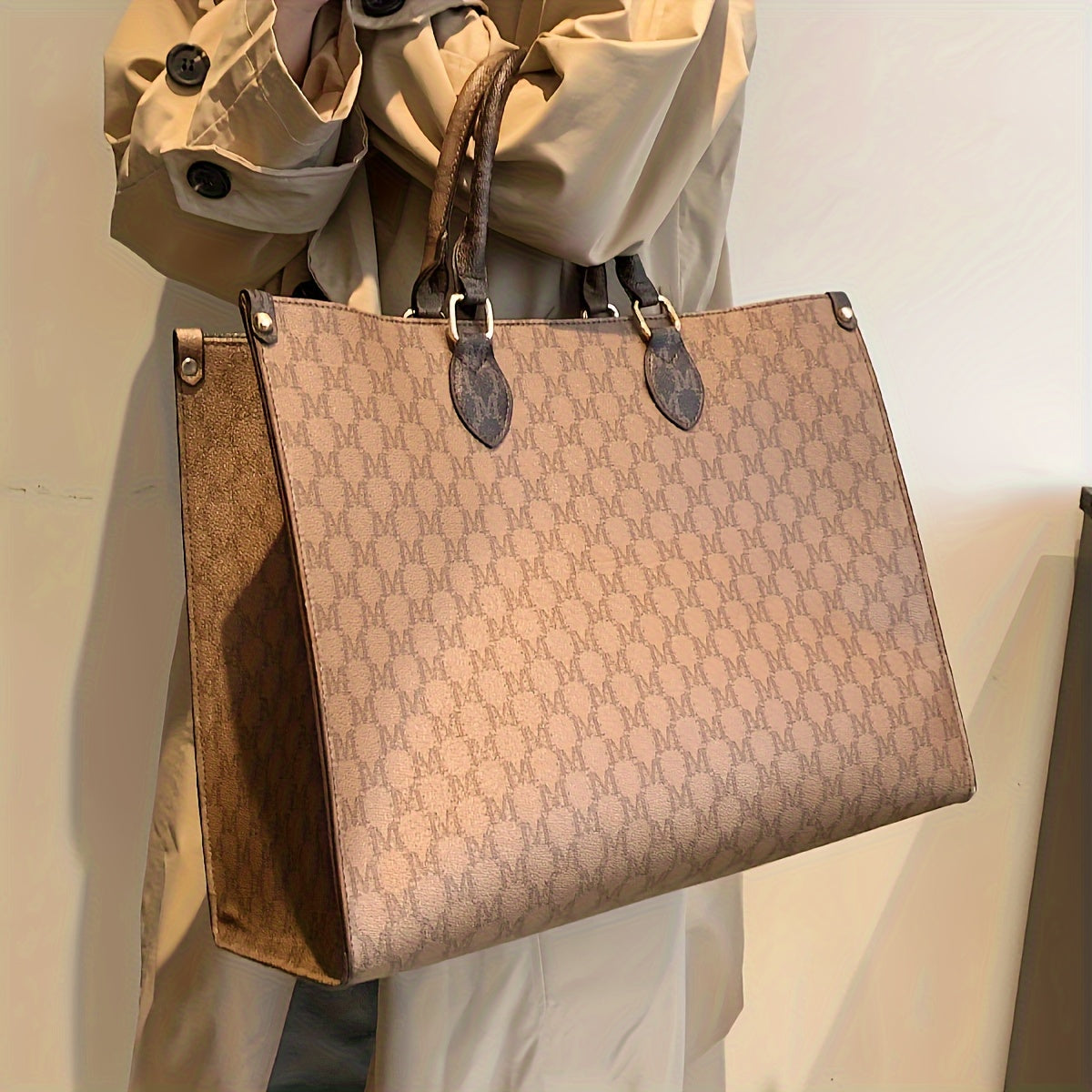 realaiot  Geometric Print Tote Bag, Fashion Large Capacity Handbag, Women's PU Leather Shoulder Bag