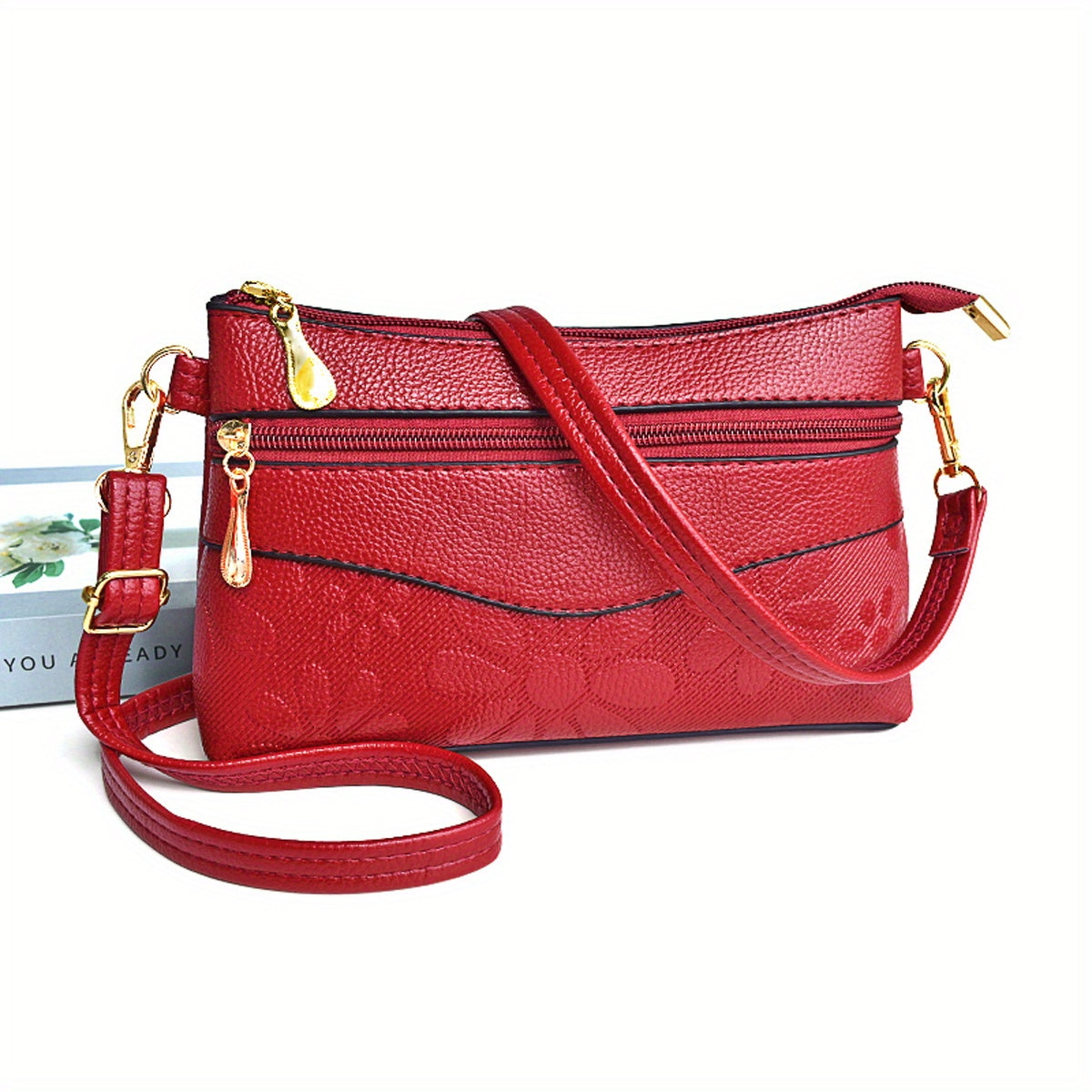 realaiot  Classic Flower Embossed Shoulder Bag, Solid Color Crossbody Bag, Portable Purse With Detachable Strap