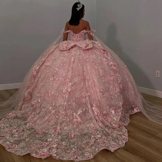 Pink Crystal Sequined Appliques Lace Ball Gown Quinceanera Dresses Off The Shoulder Bow Ribbons Corset Vestidos De 15 Anos