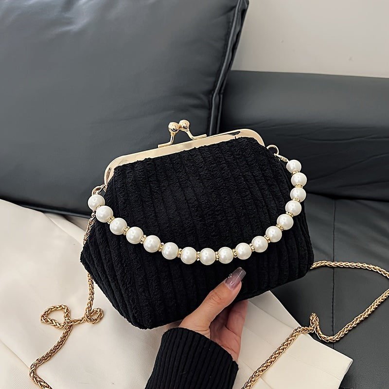 realaiotPlush Striped Ruched Handbag, Elegant Clip Purse With Faux Pearl Chain, Women's Mini Chain Crossbody Bag For Banquet Evening Party Prom