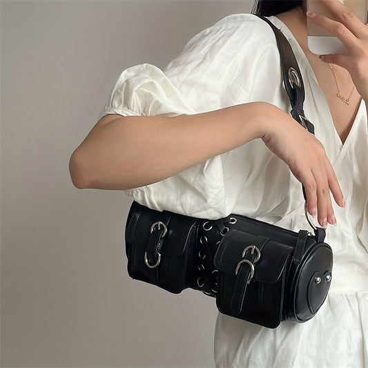 realaiot  Dark Style Hot Girl Cylinder Bag, Punk Black Rope Decor Underarm Bag, PU Leather Gothic Shoulder Purse