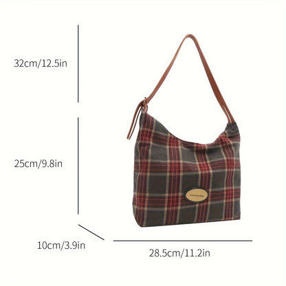 realaiot  Retro Plaid Pattern Tote Bag, Retro Ethnic Style Shoulder Bag, Fashion Hobo Handbag For Daily Use