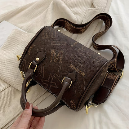 realaiotVintage Letter Print Boston Bag, Women's PU Leather Handbag, Trendy Mini Crossbody Purse With Wide Strap