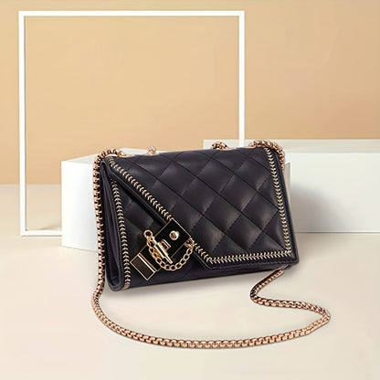 realaiot  Mini Quilted Metal Chain Crossbody Bag, PU Leather Textured Bag Purse, Classic Versatile Fashion Shoulder Bag