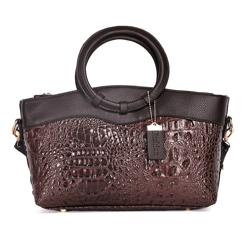 Women's Vintage Shoulder Bag, Crocodile Pattern Satchel Bag With Round Strap, Versatile Handbag