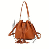 Simple Tassel Decor Bucket Bag, Classic Solid Color  Shoulder Bag, PU Leather Casual Women's Bag
