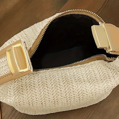 realaiot  Straw Woven Handbags, Fashion Braided Crossbody Bag, Portable Travel Beach Bag For Holiday