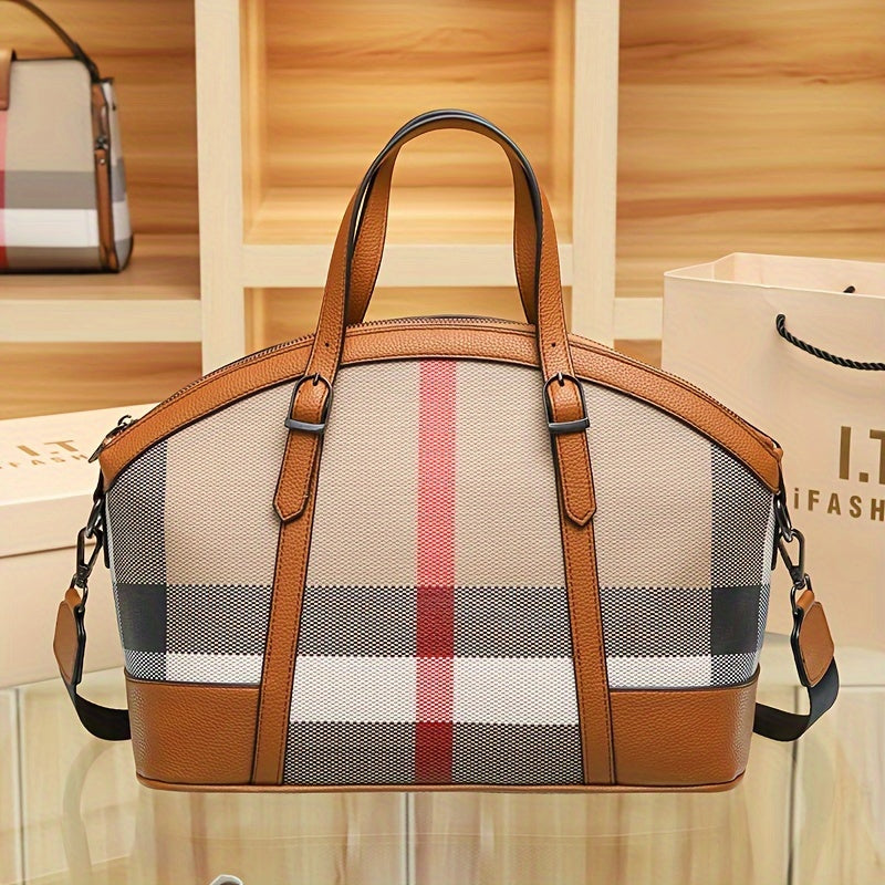 realaiot  Plaid Pattern Large Capacity Bag, Women's New Shoulder Bag, Trendy Briefcase, Document Bag