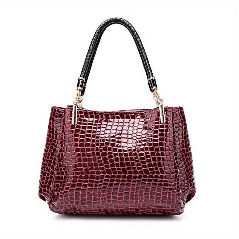 Elegant Crocodile Pattern Handbags, Patent Faux Leather Shoulder Bag, Fashion Ruched Office & Work Purses
